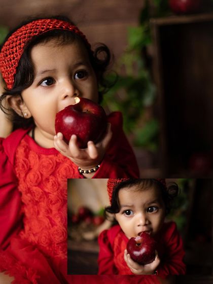 A duplicate of image 50, a cute collage of a baby girl enjoying an apple.