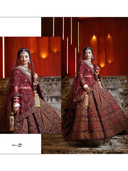 A collage showcasing the bride's magnificent maroon lehenga. The different poses and angles highlight the intricate details and her regal presence.