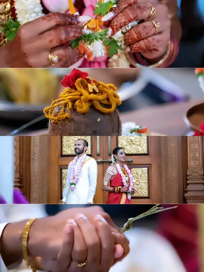 A collage of significant details from a South Indian wedding ceremony. From the tying of knots to the exchange of garlands, we document every important tradition.