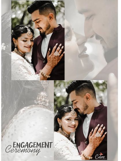 A collage from an engagement ceremony, blending multiple romantic moments with elegant text.