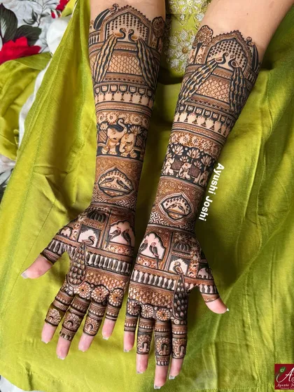 The same figure-free design against a vibrant green background, making the henna details stand out.