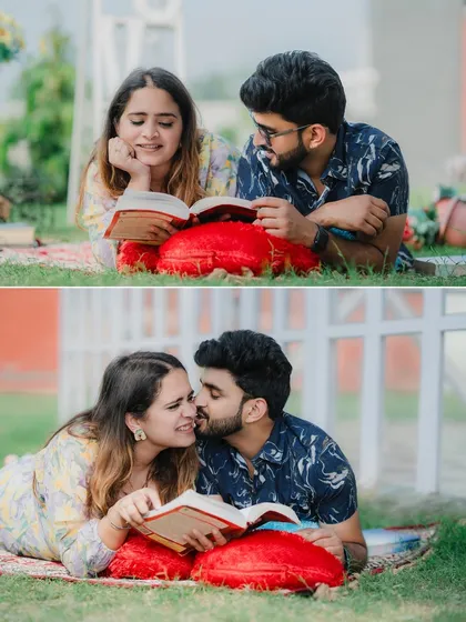 Another angle of the picnic setup, capturing a playful and loving moment between the couple. Our grassy lawns are perfect for these relaxed and natural-looking shots.
