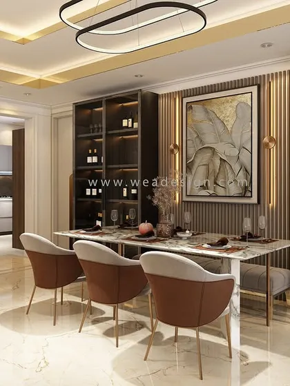 An elegant dining space designed for a penthouse at Vaishnavi Terraces, featuring a large wine storage unit, premium wall paneling, and Vastu-compliant placement.
