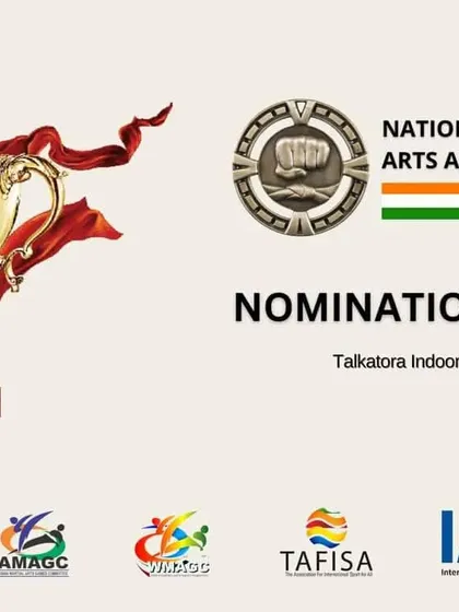 An announcement for open nominations for the National Martial Arts Award 2022. This initiative allows the community to nominate deserving individuals for their contributions to martial arts in India.