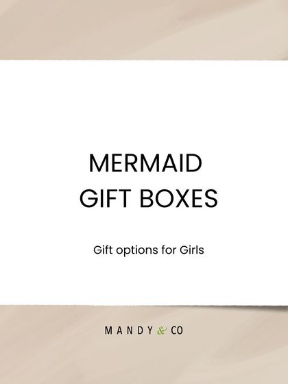 A simple graphic announcing our Mermaid Gift Boxes, perfect for girls' parties and gifts.