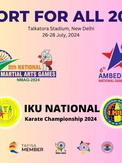 This graphic shows the logos of the major championships converging under the "Sport for All 2024" banner. It includes the 8th National Martial Arts Games, the 6th Ambedkar National Games, and the IKU National Karate Championship.