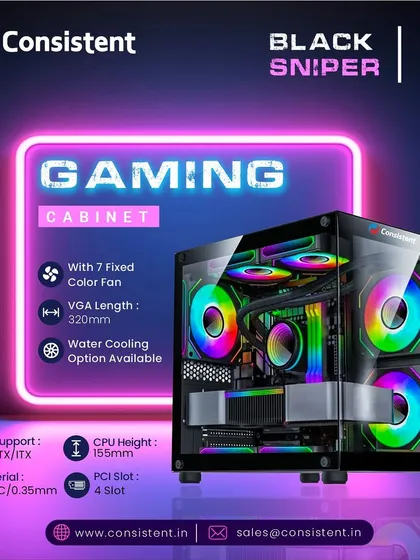 Our Black Sniper gaming cabinet delivers a sleek, tactical look with seven pre-installed fixed-color fans and a tempered glass side panel. It's optimized for cooling, with an option for water cooling, and supports M-ATX and ITX systems.