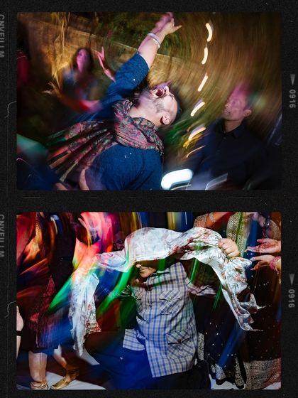 An artistic, motion-blur collage capturing the wild and energetic movements on the sangeet dance floor.
