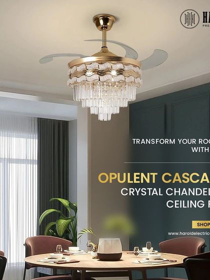 The Opulent Cascade Crystal Chandelier Fan, shown here above a dining table, proves that you don't have to sacrifice style for comfort. Its elegant design complements the dining space while providing a gentle breeze.