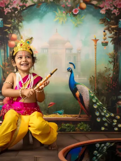 A full portrait of a child dressed as Krishna, holding a flute against a vibrant, palace-themed backdrop. The setup includes a peacock and other traditional elements for an authentic feel.