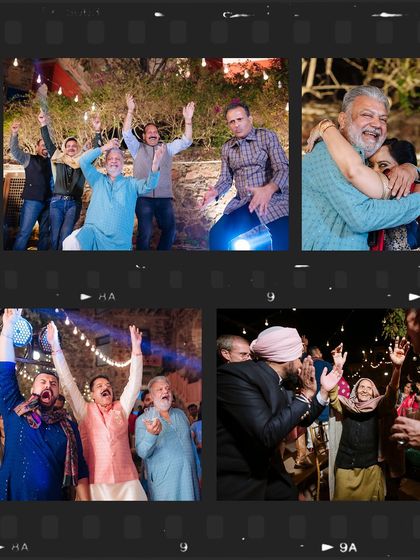A collage of candid moments capturing the uninhibited joy and laughter of the groom's family and friends.