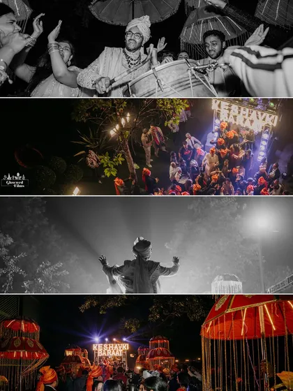 The energy of Keshav's baraat in Agra, complete with dhol players and dancing guests, captured in dramatic black and white and vivid color.