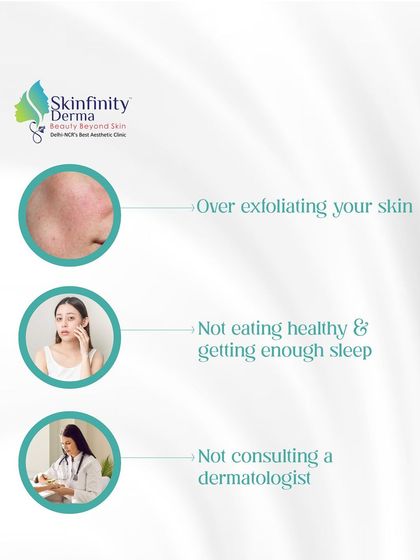 Are you making these skincare mistakes? This graphic points out common errors like over-exfoliating, not eating healthy, and failing to consult a dermatologist for persistent issues.
