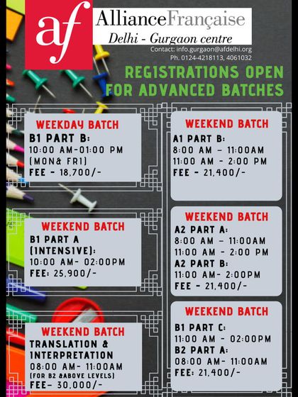 An overview of our advanced batch schedules, including courses for B1, A2, and B2 levels, as well as a specialized weekend batch for Translation & Interpretation.