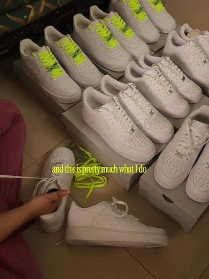 This shot shows just a fraction of the 22 Nike Air Force 1s I was working on for the Diageo project. Prepping this many shoes at once is a huge part of handling large-scale corporate commissions.