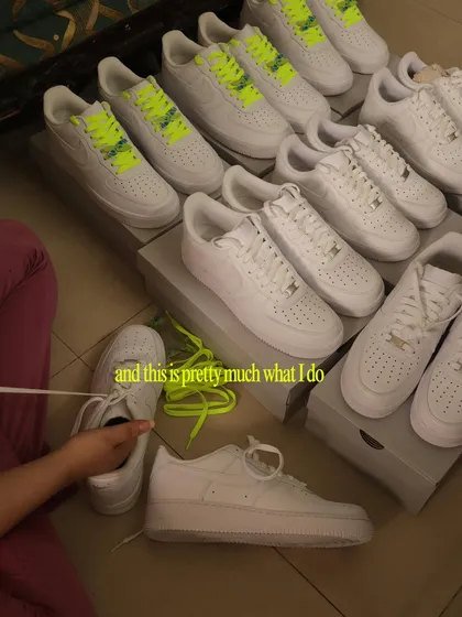 This shot shows just a fraction of the 22 Nike Air Force 1s I was working on for the Diageo project. Prepping this many shoes at once is a huge part of handling large-scale corporate commissions.