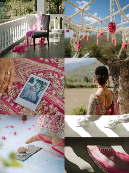 A mood board-style collage of wedding details, including the decor, the bride's lehenga, a polaroid picture, and ritual elements.