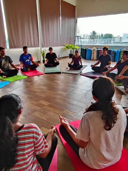 Our studio is a community. Here, we are ending a session with Om chanting, a practice that calms the nervous system and unites the group. This is a space for focus, peace, and shared positive energy.