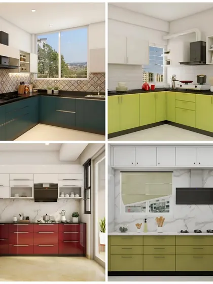 This collage displays the variety in our kitchen designs. We offer a range of color palettes and layouts, from bold red and teal to calming greens, all tailored to our clients' preferences and space requirements.