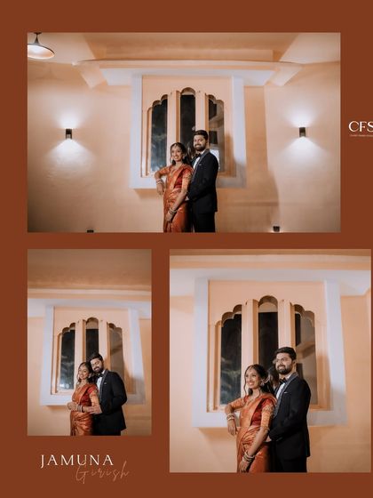 A classic indoor portrait session with a warm, vintage feel. The couple's pose against the elegant window creates a timeless and romantic photograph.