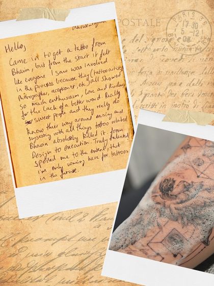 "Spoiled me to the extent that I'm only coming here for tattoos in the future." Dhruv's handwritten note praising the talent and atmosphere at our studio.