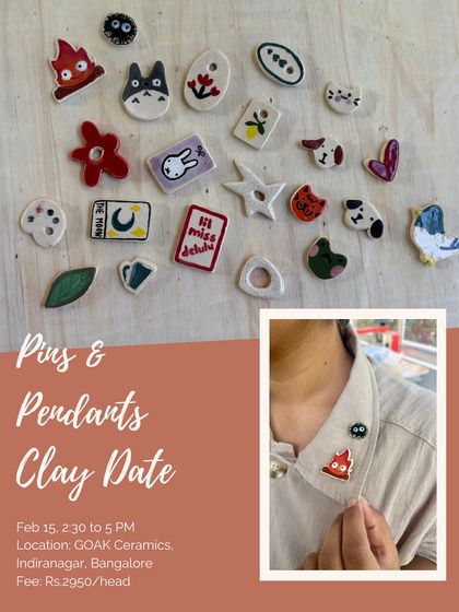In our 'Pins and Pendants' workshop, you can turn your imagination into wearable art. This poster shows some of the colorful and creative lapel pins and charms made by past students.
