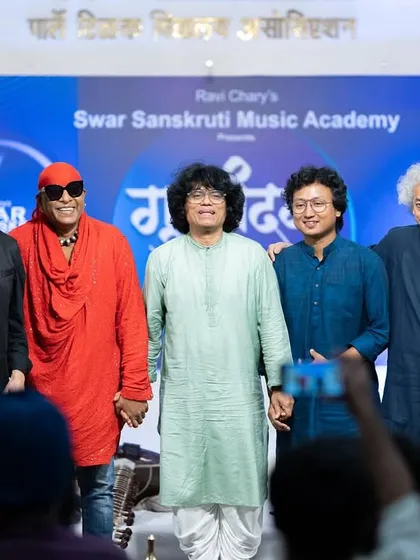 Kodak moments from 'Guru Vandan' 2024, standing with the legends who graced the occasion: Sivamani ji, Fazal Qureshi ji, Taufiq Qureshi ji, and Manas Kumar ji.
