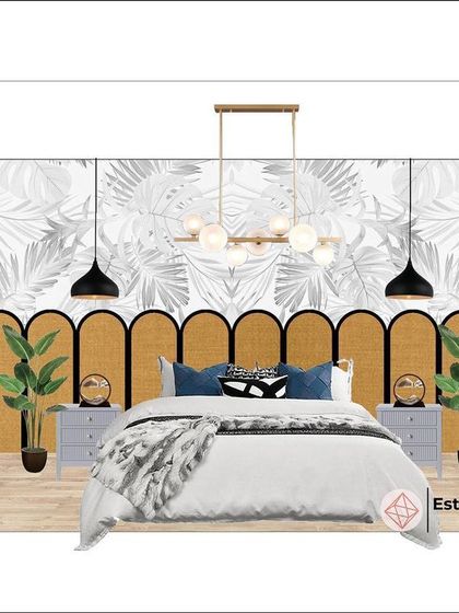 This is a detailed mood board for an Art Deco guest bedroom. The concept uses a scalloped headboard, tropical wallpaper, and geometric light fixtures to bring in the glamour and symmetry characteristic of the Art Deco style.