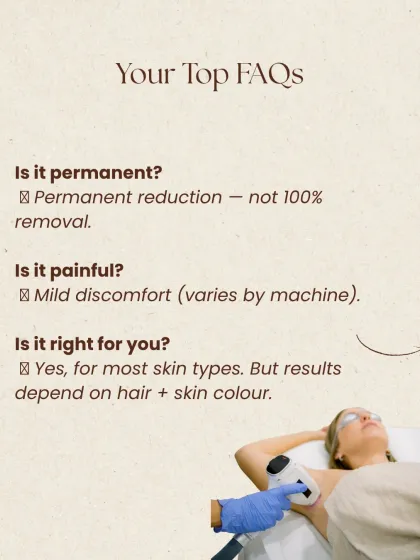 Here are the answers to your top questions. This infographic clarifies that laser offers permanent hair *reduction*, not 100% removal. It also touches on the sensation, which is typically a mild discomfort, and confirms its suitability for most Indian skin types when performed correctly.