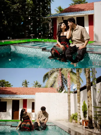 Sitting by the poolside, surrounded by bubbles and sunshine. This pre-wedding collage is all about capturing carefree, happy moments together.