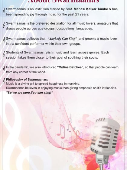 This gives you a little information about Swarmaanas and our philosophy. We have been spreading joy through music for over 21 years because we truly believe that anybody can sing.