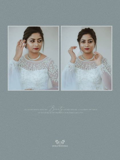 A beautifully designed collage of the bride, showcasing her elegant jewelry and the delicate details of her wedding gown.