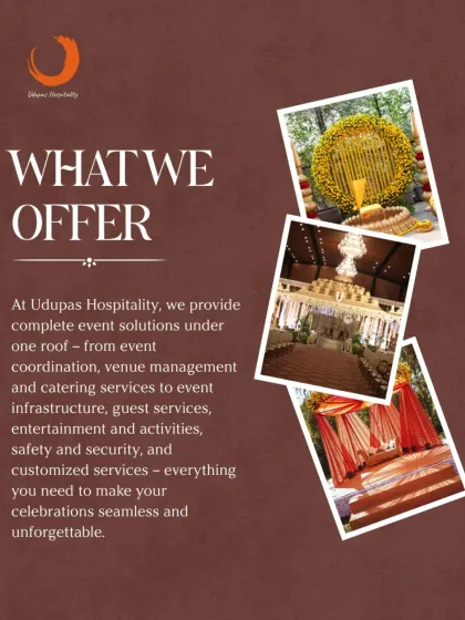 A graphic detailing what we offer: complete event solutions under one roof. From event coordination and venue management to catering and guest services, we ensure a seamless and unforgettable celebration.