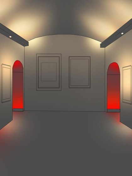 This is a concept sketch for an art gallery that will be lit entirely with artificial light. The design uses a combination of general downlights for navigation and dramatic red uplighting within the archways to create a truly evocative and immersive experience.