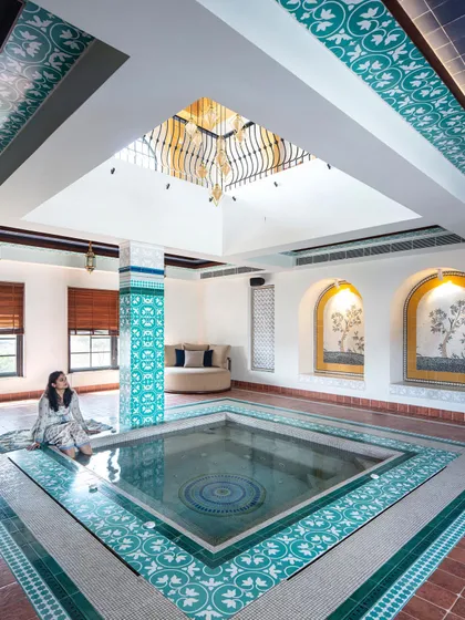 This serene indoor pool at our Wanderlust Villa project was inspired by Moroccan riads, featuring intricate mosaic tiles and a skylight that bathes the space in natural light. It’s a private oasis of luxury and calm, showcasing our ability to execute bespoke, high-end residential designs.