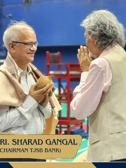 Shri. Sharad Gangal, Chairman of TJSB Bank, being honored at the district championship inauguration. My ability to involve prominent business leaders as guests adds prestige to the tournaments.