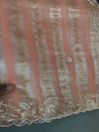 A beautiful peach-colored tissue stripes organza saree with intricate embroidery on the scalloped border.
