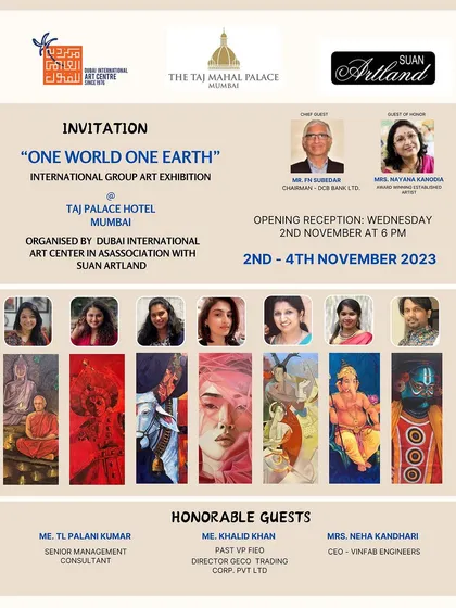 The official invitation for the "One World One Earth" international group art exhibition in Mumbai, featuring several artists from our academy.