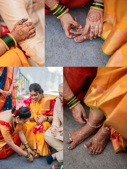 A collection of detail shots from a Maharashtrian wedding, focusing on the hands and feet during various traditional rituals.