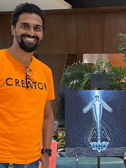 With my painting 'Elevation' at the Yogotsava art workshop. It was an inspiring day spent with fellow artists, all creating art around the theme of yoga.