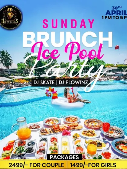 Poster for a "Sunday Brunch Ice Pool Party" at Brew Kings, a unique daytime event I played at.