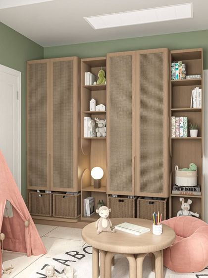 Good storage is essential in a kids' room. This render shows the custom cabinetry we designed for this space, with a mix of open shelving for books and closed cupboards with rattan doors to neatly hide away toys and clutter.