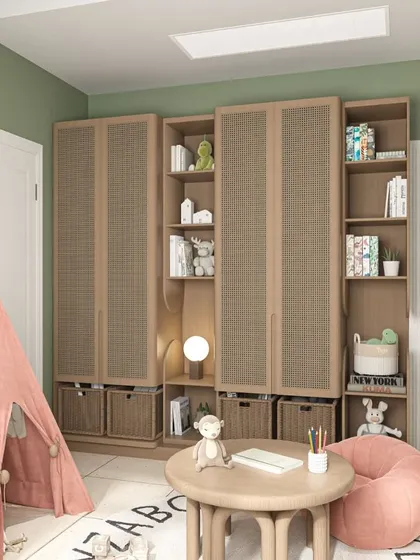 Smart storage is essential in a kids' room. I designed these cabinets with a mix of open shelving for displaying treasures and closed storage with woven baskets to easily hide away toys and books.