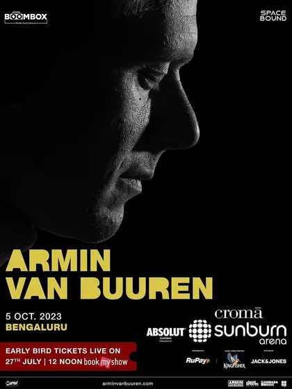 The dark and dramatic announcement poster for Armin van Buuren's show in Bengaluru.