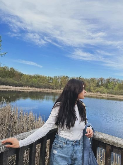 A profile shot against the beautiful sky and water at Heart Lake.