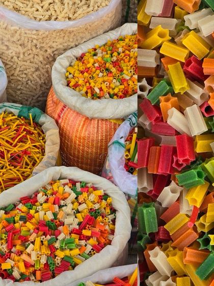 Colorful bags of fryums and pasta, a nostalgic sight from many Indian markets.