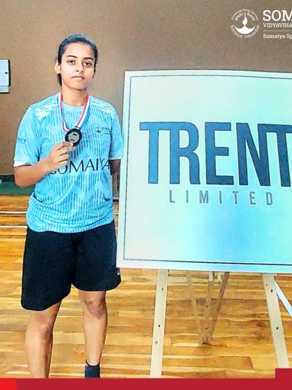 Sehar Siddiqui of K. J. Somaiya Polytechnic after securing third place in Women’s Doubles at the TATA Trent Sports Season, showcasing her skills in a corporate tournament.
