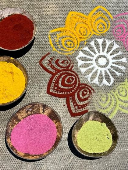 A beautiful display of natural Rangoli powders and the intricate designs they can create. These powders are made from eco-friendly materials, making our festive celebrations safer for the environment.