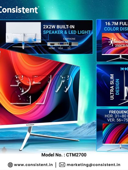 My 27-inch LED monitor delivers a 16.7 million color Full HD display with a 1920x1080 resolution. It has an ultra-slim design with a metal stand and includes 2x2W built-in speakers for a complete audio-visual setup.