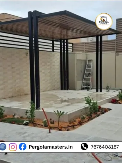 A behind-the-scenes look at a rafters pergola installation in progress. The robust metal framework is expertly assembled on-site, showcasing the strong foundation of our premium outdoor structures.